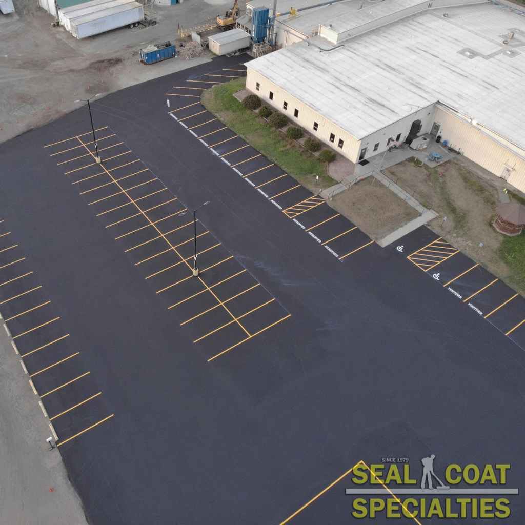 Birdseye view of a sealcoated parking lot