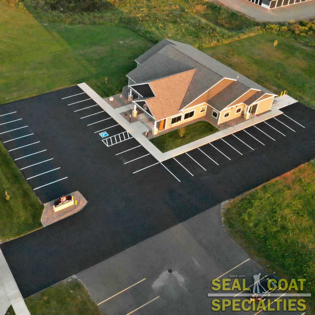 Birds eye view of professional line striping on a commercial parking lot in Rice Lake Wisconsin
